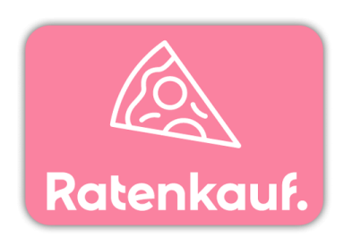 Karten-Design mit dem Text "Ratenkauf" und einer Pizzascheibe.