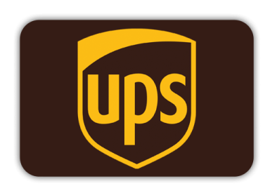 UPS-Logo in braun und gelb, dargestellt in einem Schild-Design.
